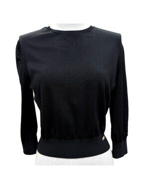 Chanel CC Logo Button Long Sleeve Knit Top Black Sweater 36